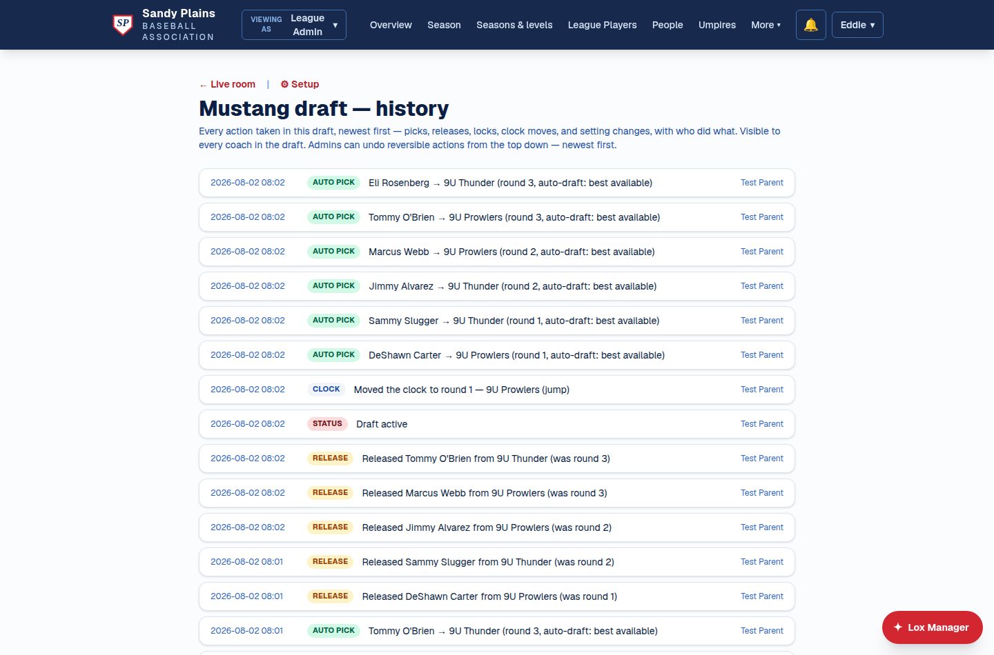 Draft history: a timestamped log of every pick, release, clock move, and status change