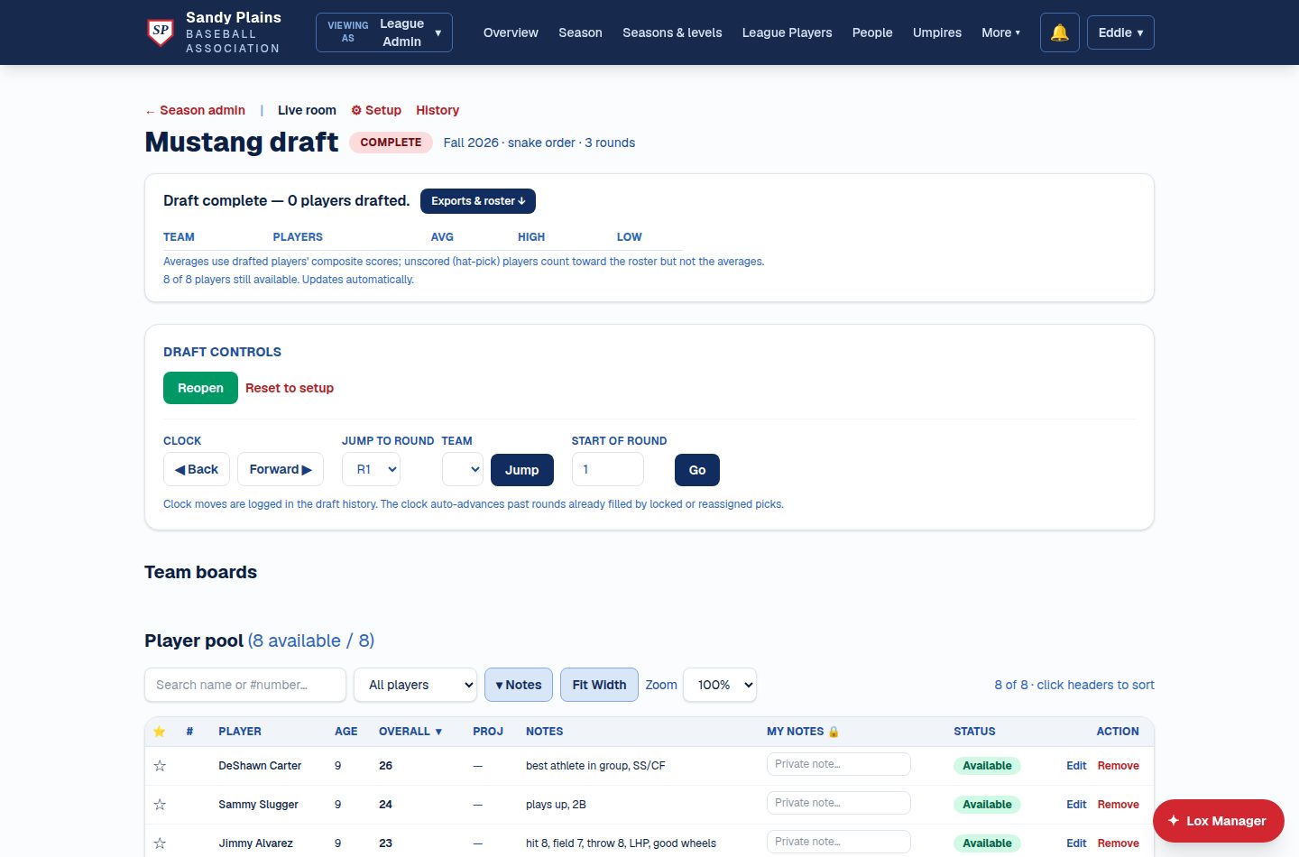 A completed draft: exports and roster button, team averages, and the full player pool