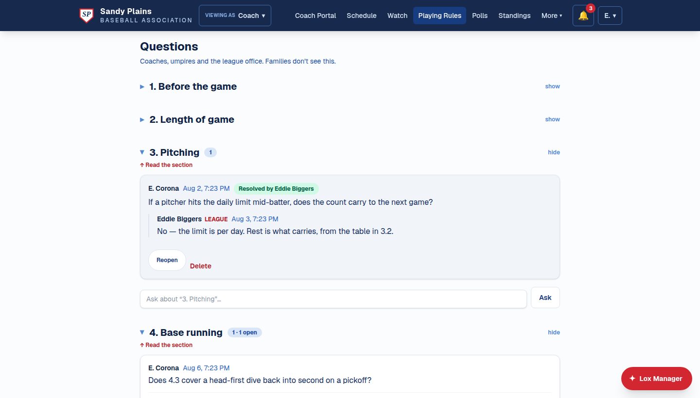 The rules page as a coach sees it: a question raised against the pitching section with the league's answer, marked resolved, and another still open