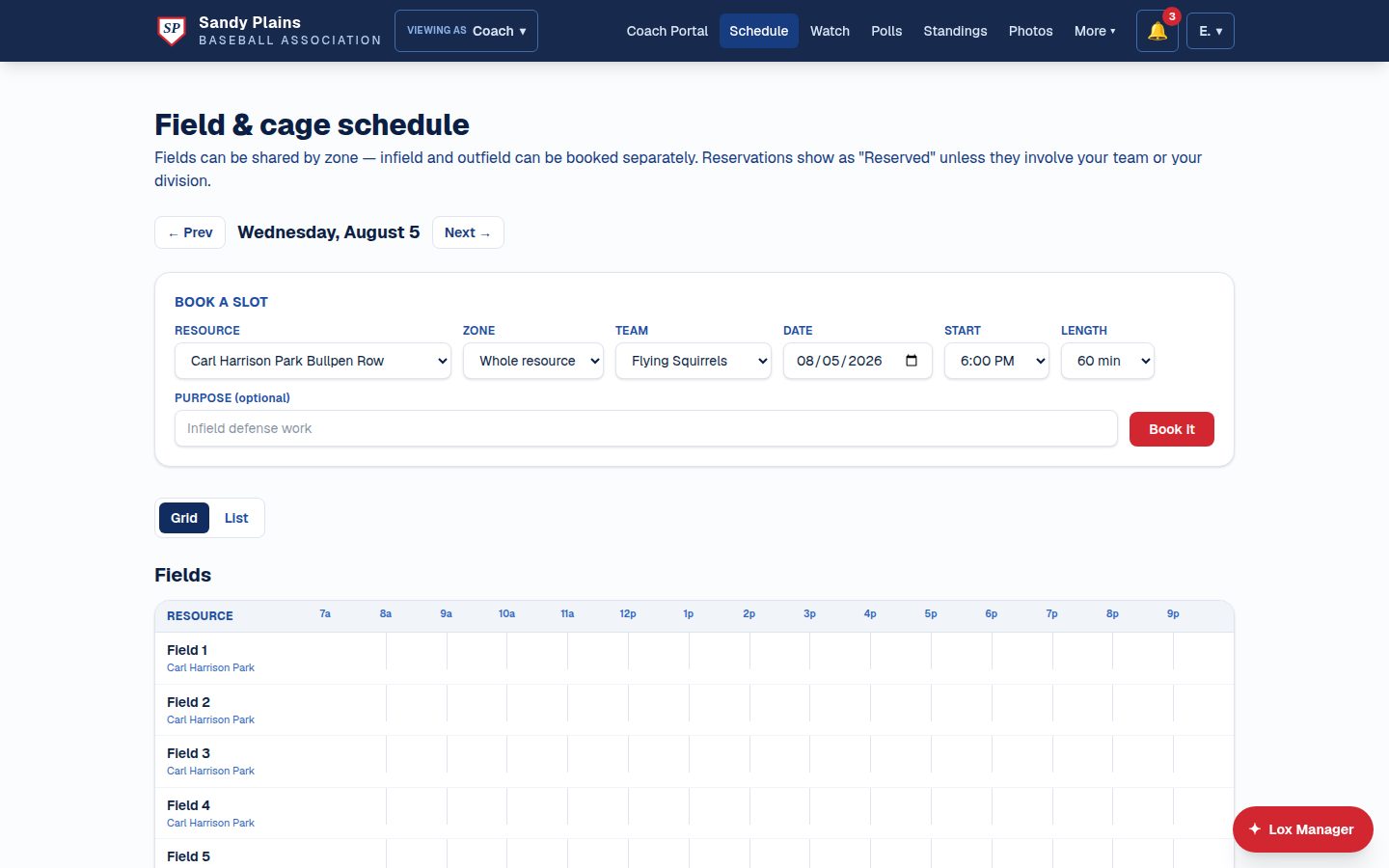 The coach's field and cage schedule: a day grid of every field with bookings, plus the book-a-slot form