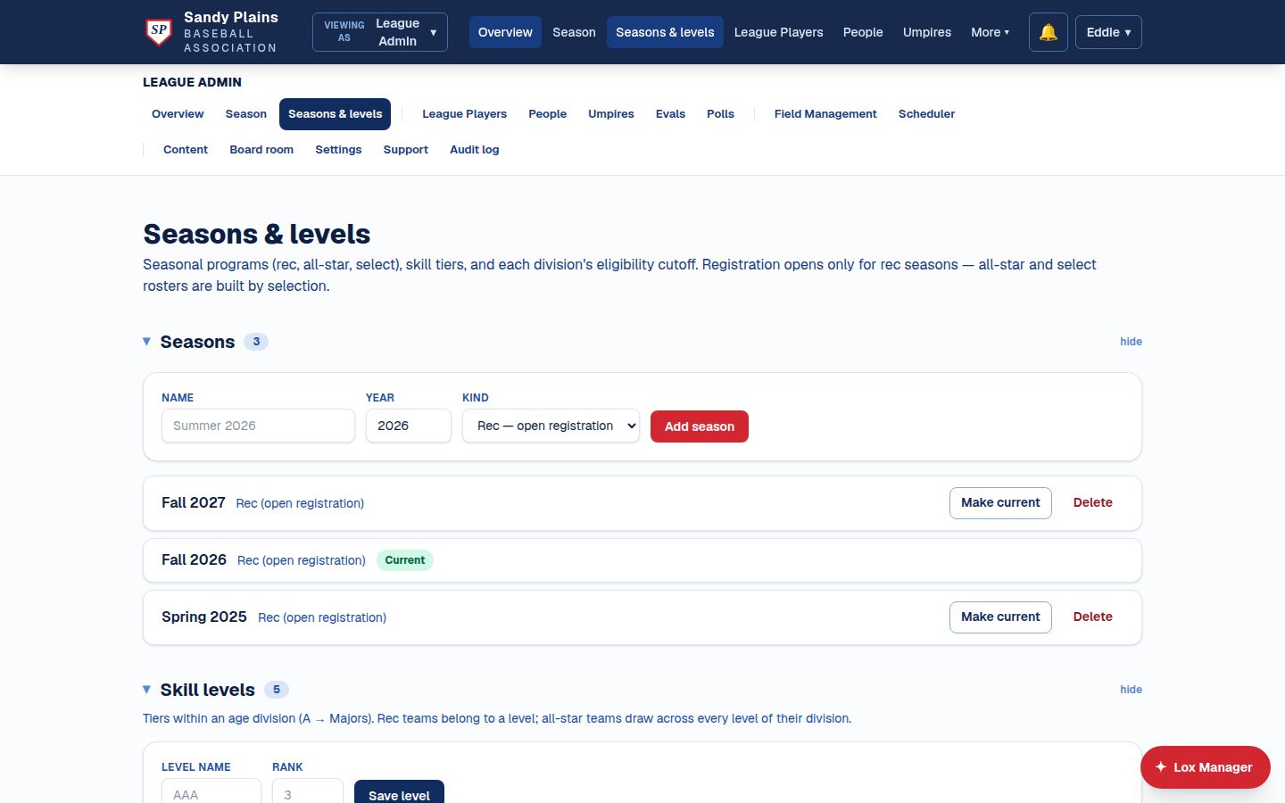 The seasons and levels admin page: rec, all-star, and select seasons with skill tiers and eligibility cutoffs