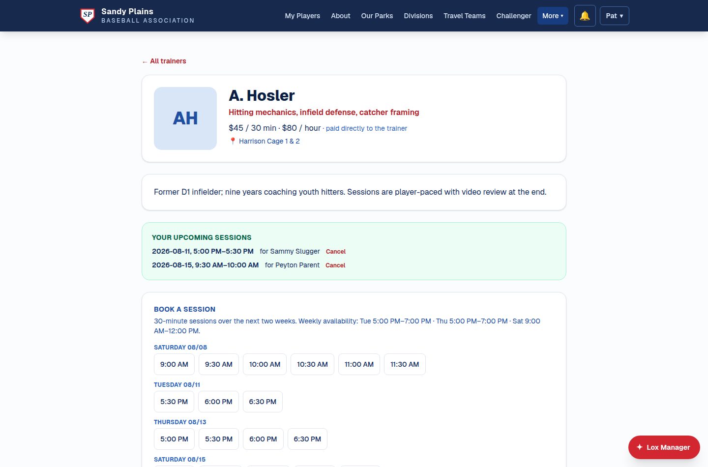 A trainer's public profile with specialties and rates, the family's upcoming sessions, and a book-a-session grid of open half-hour slots
