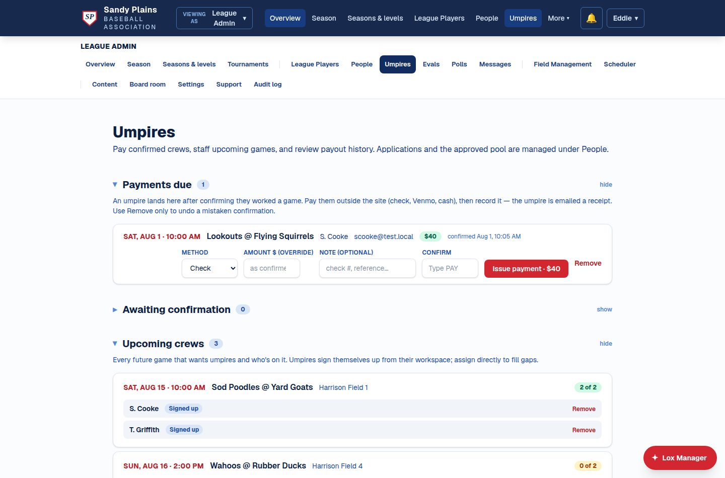 The admin umpires page: a payments-due queue with method, amount, note, and typed-confirmation fields, plus upcoming games with their signed-up crews